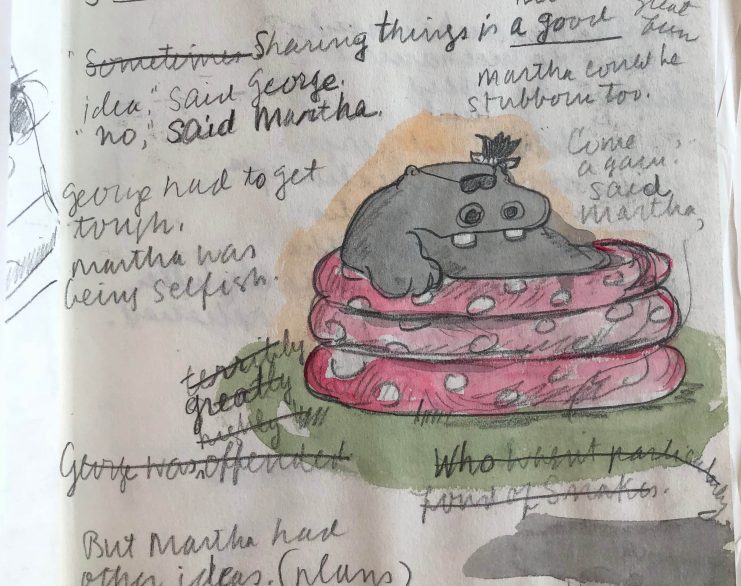 Sketchbook page with notes and watercolor of hippo in a pool