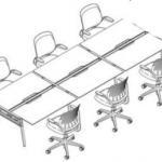 Schematic of long desk with individualized seating and office chairs.