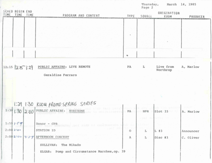 KUOM program log for Thursday, March 14, 1985. The Geraldine Ferraro talk was a live remote from Northrop Auditorium with producer, Andy Marlow.