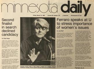 Minnesota Daily headline, "Ferraro speaks at U to stress importance of women's issues," March 15, 1985.
