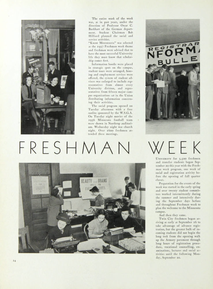 1928 Gopher, Freshman Week page http://purl.umn.edu/134833. Yearbook page includes photograph of students dancing.