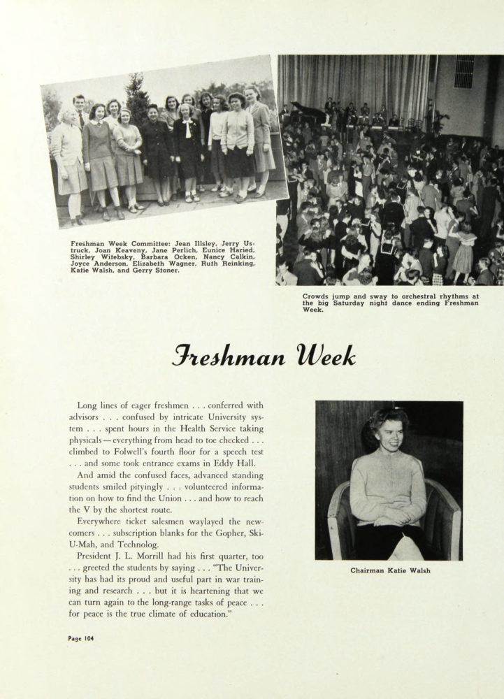 1928 Gopher, Freshman Week page http://purl.umn.edu/134833. Yearbook page includes photograph of students dancing.