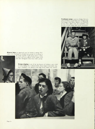 1954 Gopher, Freshman Week section highlights several traditions including group signing and “weird hats,” http://purl.umn.edu/134859. Yearbook page includes three photographs of students participating in activities.