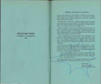 1968 Welcome Week program introductory page challenges students to “become aware not only of yourself and the University of Minnesota, but also of the community outside the University and the problems and issues confronting it. In essence, problems which will confront you as individuals living in that society.”