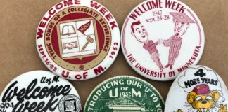 Five Welcome Week buttons from the years 1932, 1947, 1962, 1964 & 1973