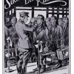 Black and white illustration by K. A. Suvantoo showing man inspecting immigrants at Ellis Island, New York
