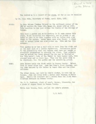Memo recorded by CP Bull, Department of Agriculture, after a conversation with Mike Holm, Minnesota Secretary of State, regarding the origin of the stone on April 24, 1928.