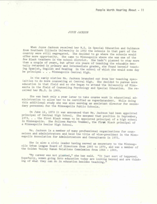 Page 11 from the People Worth Hearing About Teacher’s Handbook featuring Joyce Jackson, Part 1: 1973-1974, Box 112, University of Minnesota Radio and Television Broadcasting records, ua01039, University Archives.