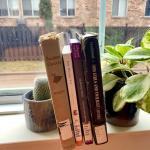 Books on shelf on window ledge, including Mark Dunn’s Ella Minnow Pea: A Novel in Letters