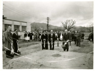 A photograph of the groundbreaking for the School of Nursing, Seoul National University. Pictured (left to right): Chief Advisor, Dr. Schneider (University of Minnesota), Dean of Medicine (Seoul National University), Head of Nursing School (Seoul National University), Hospital Administrator, Dong Ik Kim (Seoul National University), President Yun (Seoul National University). The date is unknown. Source: University of Minnesota Archives, Photograph Collection.