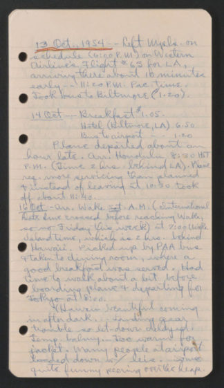 A page from the diary of Arthur Schneider, project director on-site at SNU. The entry is dated October 13, 1954, the day he departed Minneapolis for Seoul, Korea. Source: University of Minnesota Archives, Arthur E. Schneider Papers (uarc 1142): Diary, 1954 (Box 1 Folder 2).