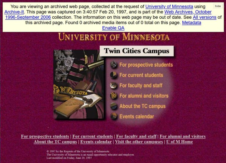 University of Minnesota homepage, 1997 umn.edu