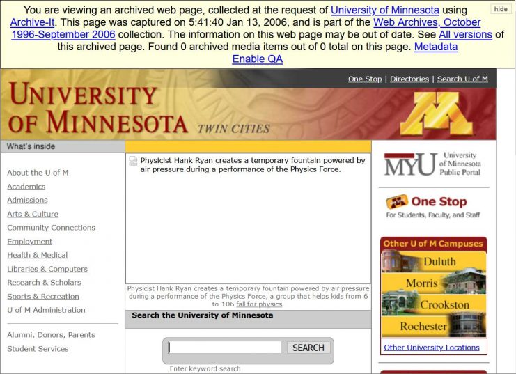 University of Minnesota homepage, 2006 umn.edu