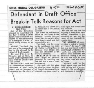 A misdated news article from the St. Paul Dispatch on the trial of two members of the Minnesota 8. The trial took place in January 1971. Bill Tilton papers, University Archives, University of Minnesota, Twin Cities.