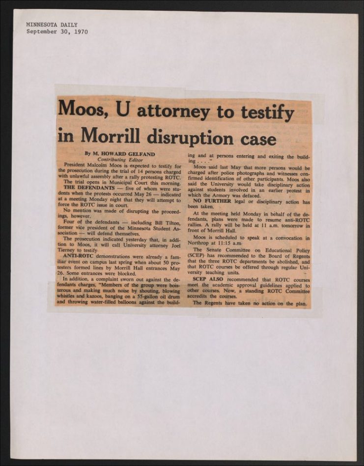 An article found in the Minnesota Daily, written by M. Howard Gelfand, retelling the details from the student strike protest that happened on May 26th, 1970 in front of Morrill Hall. Strikers picketed the building as to not allow anyone inside. Alphabetical Files, Stud, 1966-1974. Student Strike. (Box 27, folder 12). 1970-03 - 1970-06. University of Minnesota Libraries, University Archives. umedia.lib.umn.edu/item/p16022coll372:4202 Accessed 28 May 2020.