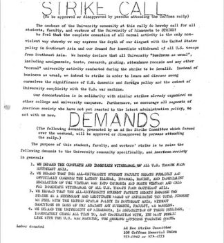 The "Strike Call" flier announcing the student strike beginning and the demands of the strike. Bill Tilton papers, University Archives, University of Minnesota, Twin Cities.