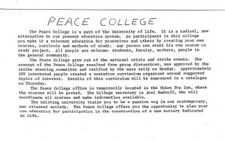 "Peace College" flier. Bill Tilton papers, University Archives, University of Minnesota, Twin Cities.