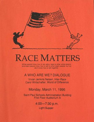 Cover of a document titled "Race Matters", a Who Are We? Dialogue
