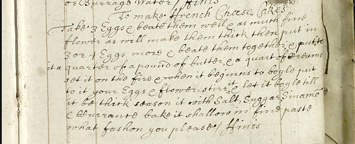 Cheesecake recipe in original handwritten manuscript.