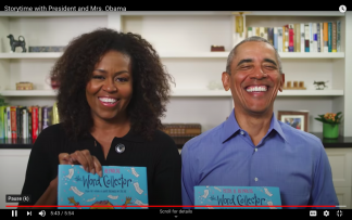 Screenshot of Michele and Barak Obama smiling and holding the book Word Collector