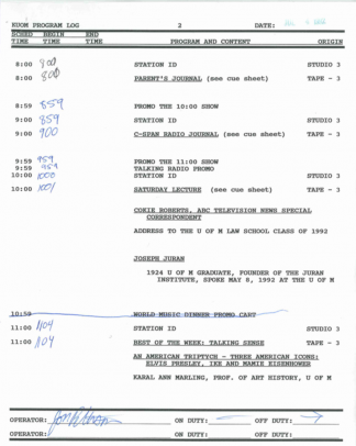 Typed program log dated July 4, 1992 listing air start and stop times on the left-hand side and program content in the center.
