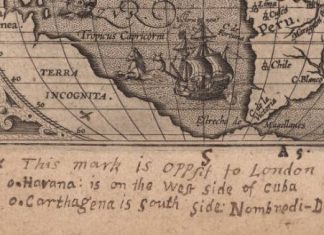 Handwritten note, marking the antipode of London on a map of the Americas, ca. 1603.