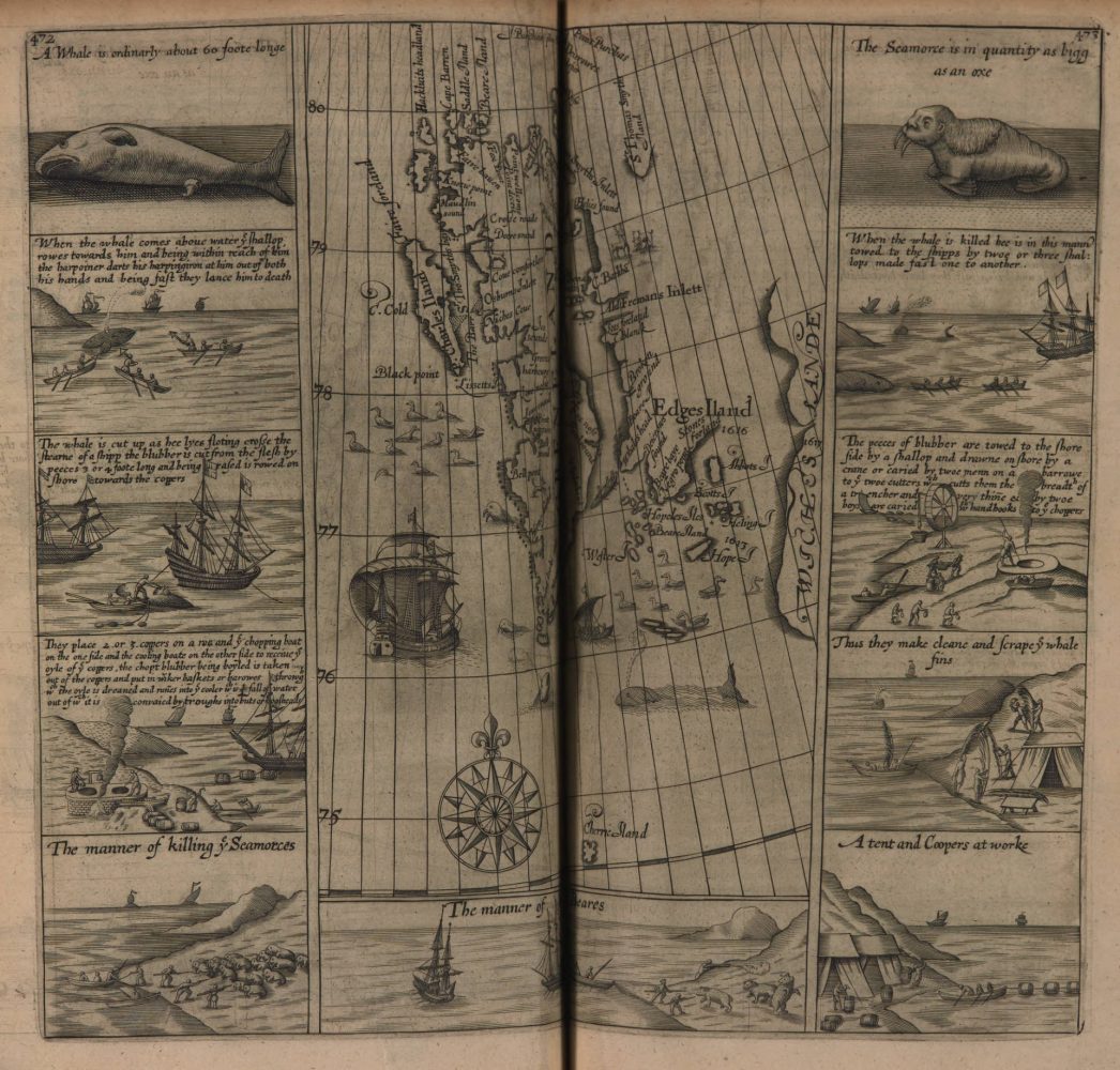 1632 Map of northeastern Canada, which shows Native Americans, various plants and sea creatures.