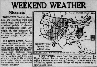 Weather map published in the morning edition of the Minneapolis Star, June 8, 1968. Chance of showers and thunderstorms is 60%.