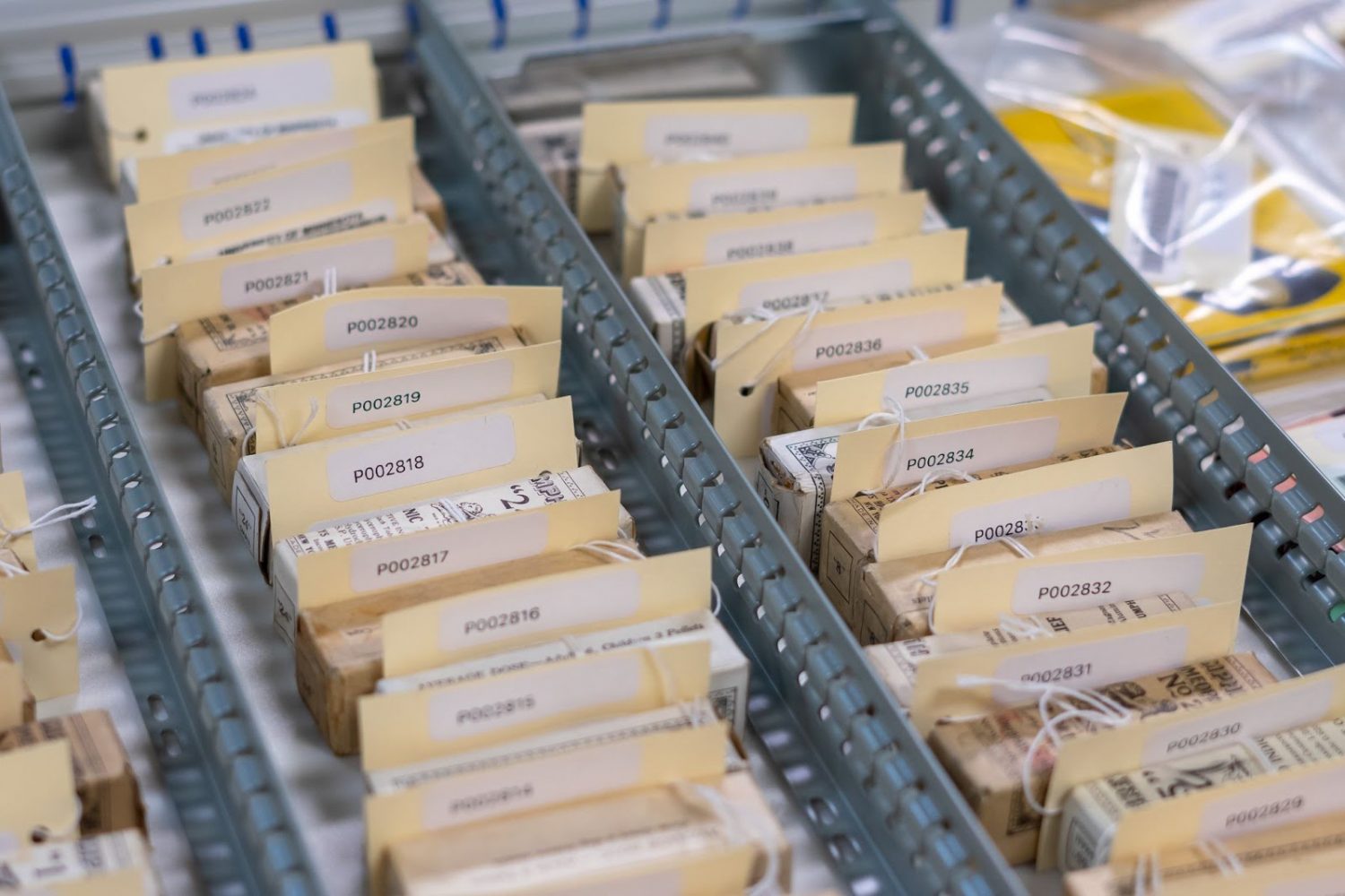 Conservation specialist Anna Shepherd is wearing a mask and gloves as she matches up pharmaceutical boxes with their corresponding bar codes.