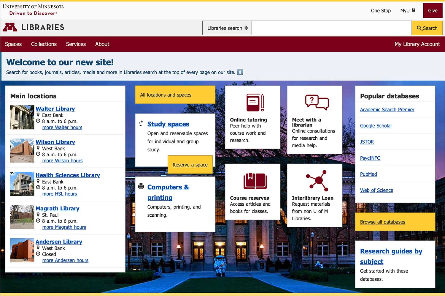 Home page screen shot lib.umn.edu