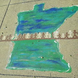 Sidewalk chalk drawing of state of Minnesota with a line of brown and white stick figure people across the state.