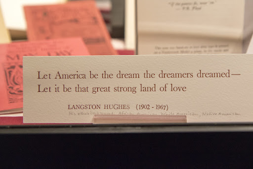 Card showing Langston Hughes quote, "Let American be the dream the dreamers dreamed -- Let it be that great strong land of love