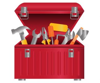 Red toolbox with lid open and filled with tools