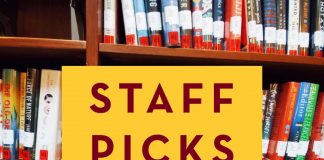 A bookshelf at Walter Library with overlaid text that reads "Staff Picks"