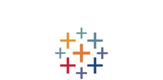 The graphic logo for the data visualization software, Tableau has multi-colored crosses above their name