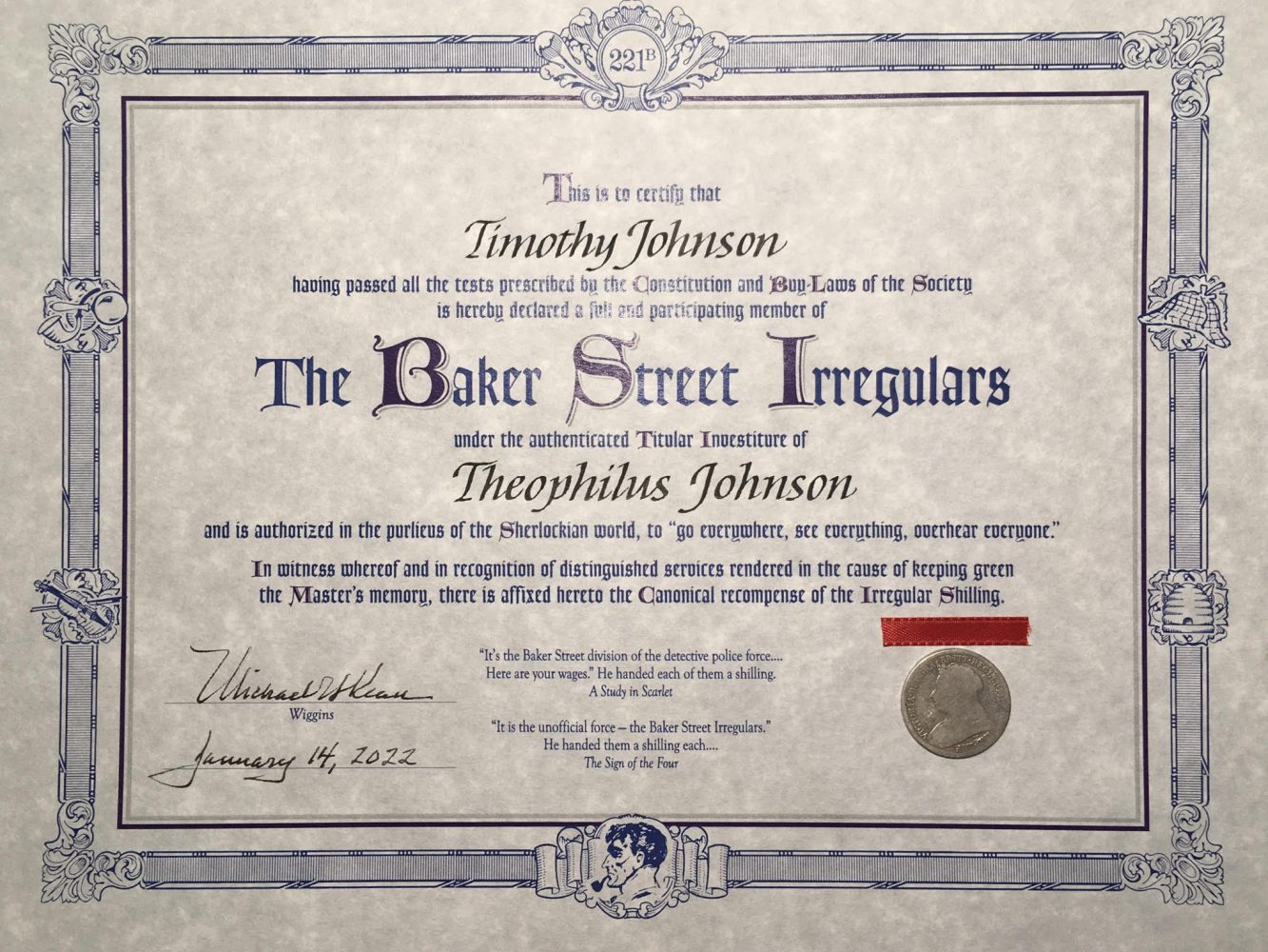 Tim Johnson, invited to become a member of the Baker Street Irregulars, received his investiture from Michael Kean. (Photo courtesy Ben Vizoskie and the Baker Street Irregulars.)