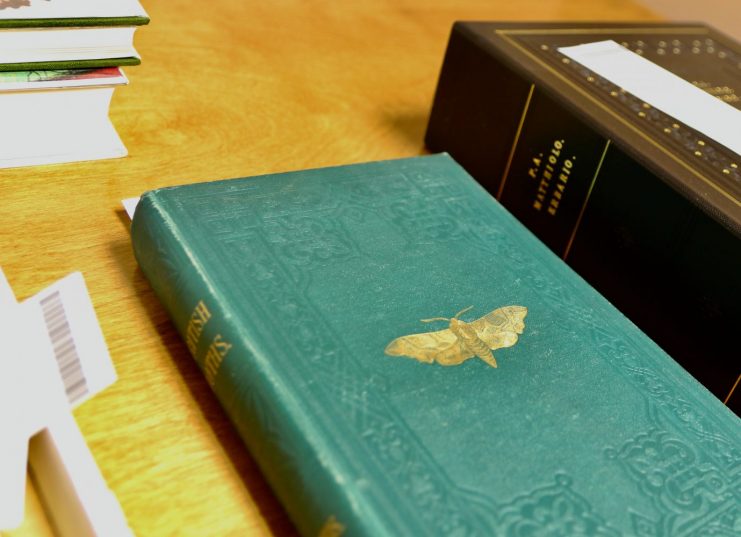 a close of up a book with a green cover and a gold leaf moth imprint in the center