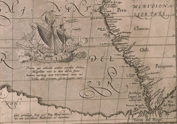 Ship on 17th-century map.
