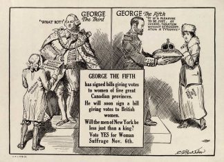 A cartoon showing the English Kings George III (Revolutionary War period) and George V (WWI era), respectively being angered by American colonists and granting women the right to vote. Historical Era: World War, 1914-1918; Upper Midwest Literary Archives