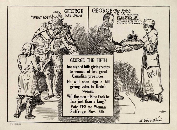 A cartoon showing the English Kings George III (Revolutionary War period) and George V (WWI era), respectively being angered by American colonists and granting women the right to vote. Historical Era: World War, 1914-1918; Upper Midwest Literary Archives