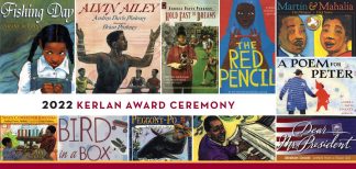 The Kerlan Award Ceremony banner featuring a collage of books by 2022 Kerlan Award winner Andrea Davis Pinkney