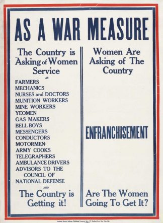 This WWI-era War Measures poster compares the efforts the United States asked of women, and what they hoped for in return: the right to vote. Historical Era: World War, 1914-1918; Upper Midwest Literary Archives.