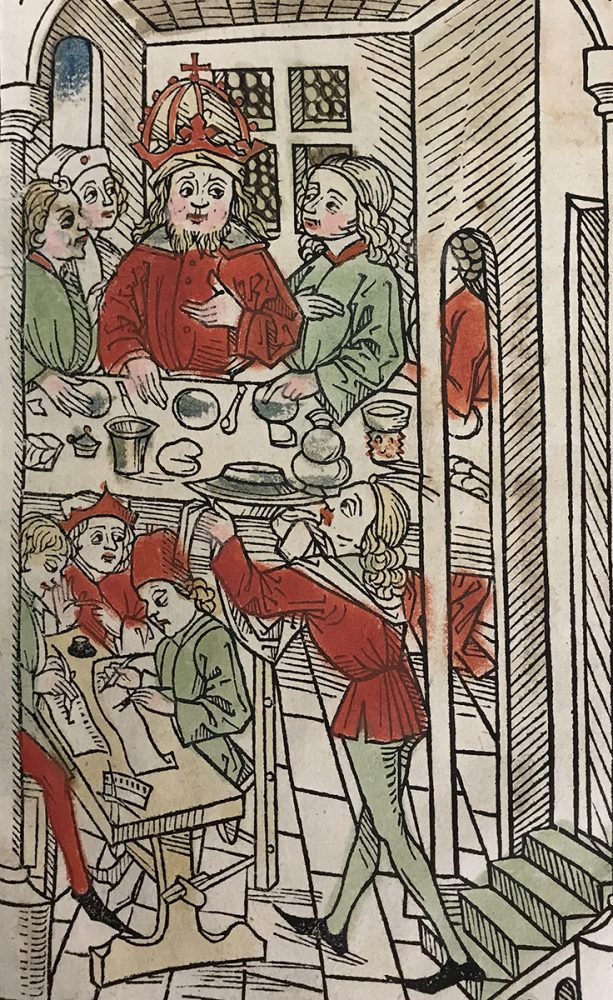 A woodcut image showing a king being served food at a table, from a Pre-modern book in the James Ford Bell Library collection