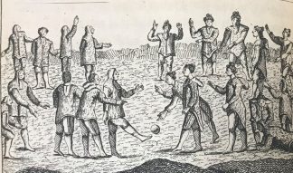 A woodcut image from the James Ford Bell Library showing a large group of people playing a game with one figure kicking a ball