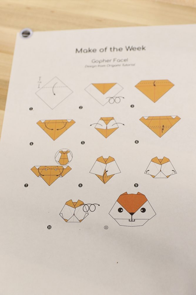 An oragami instruction page showing a gopher face with the title 'make of the week'