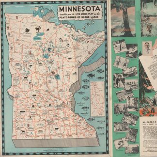A map of Minnesota includes small illustrations of animals, and the map title reads “Minnesota invites you to live-work-play in the playground of 10,000 lakes.”