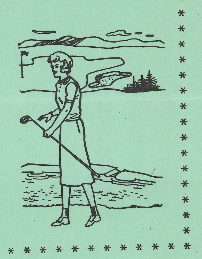A line art illustration shows a woman wearing a mid-20th century style of clothing who is playing golf