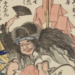 A close-up from an 1862 hand-colored Japanese woodblock print. In the foreground is a demon representing measles; in the background is a fearful physician.