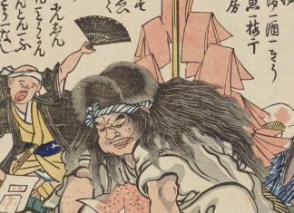 A close-up from an 1862 hand-colored Japanese woodblock print. In the foreground is a demon representing measles; in the background is a fearful physician.