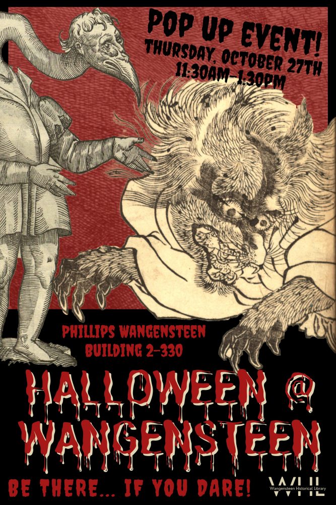 Poster advertising Halloween @ Wangensteen, featuring two historical monsters